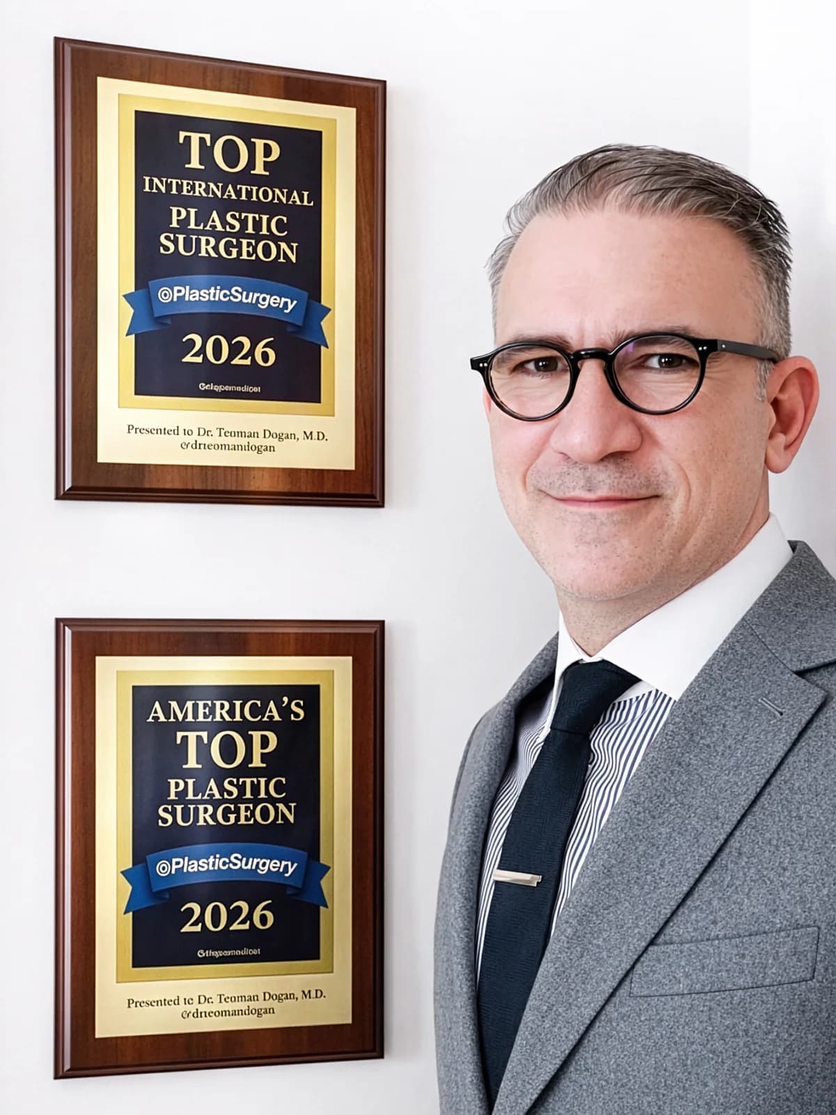 Dr. Teoman Dogan with his Top International Plastic Surgeon 2026 and America's Top Plastic Surgeon 2026 plaques