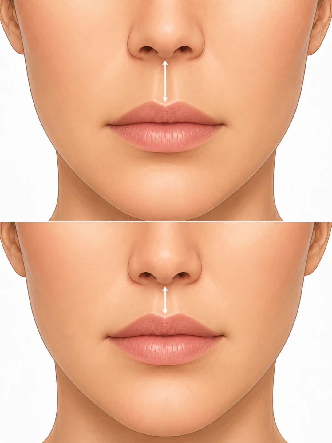 Medical illustration showing philtrum length measurement before and after a lip lift