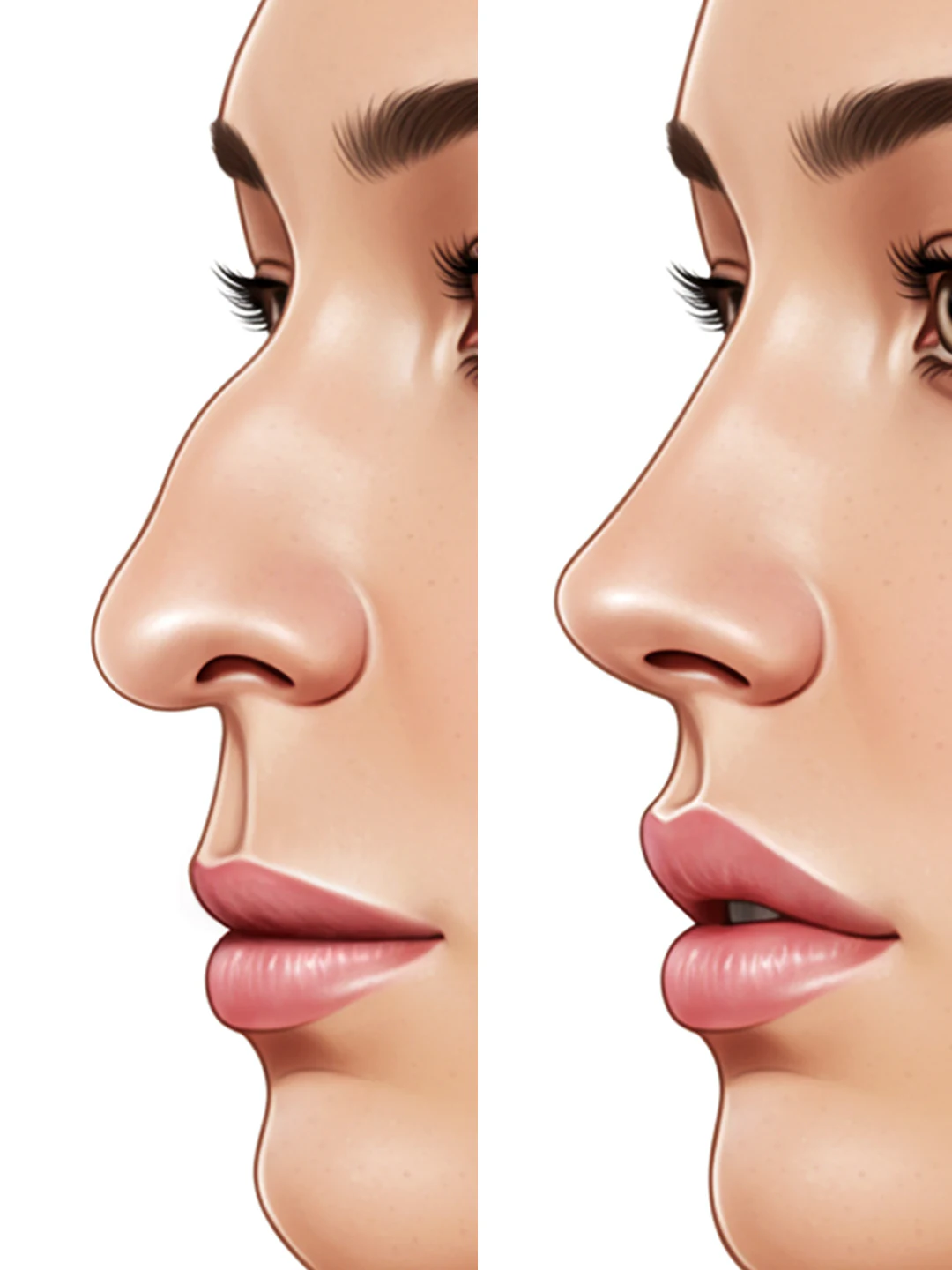 Medical illustration comparing a nasal profile before and after rhinoplasty