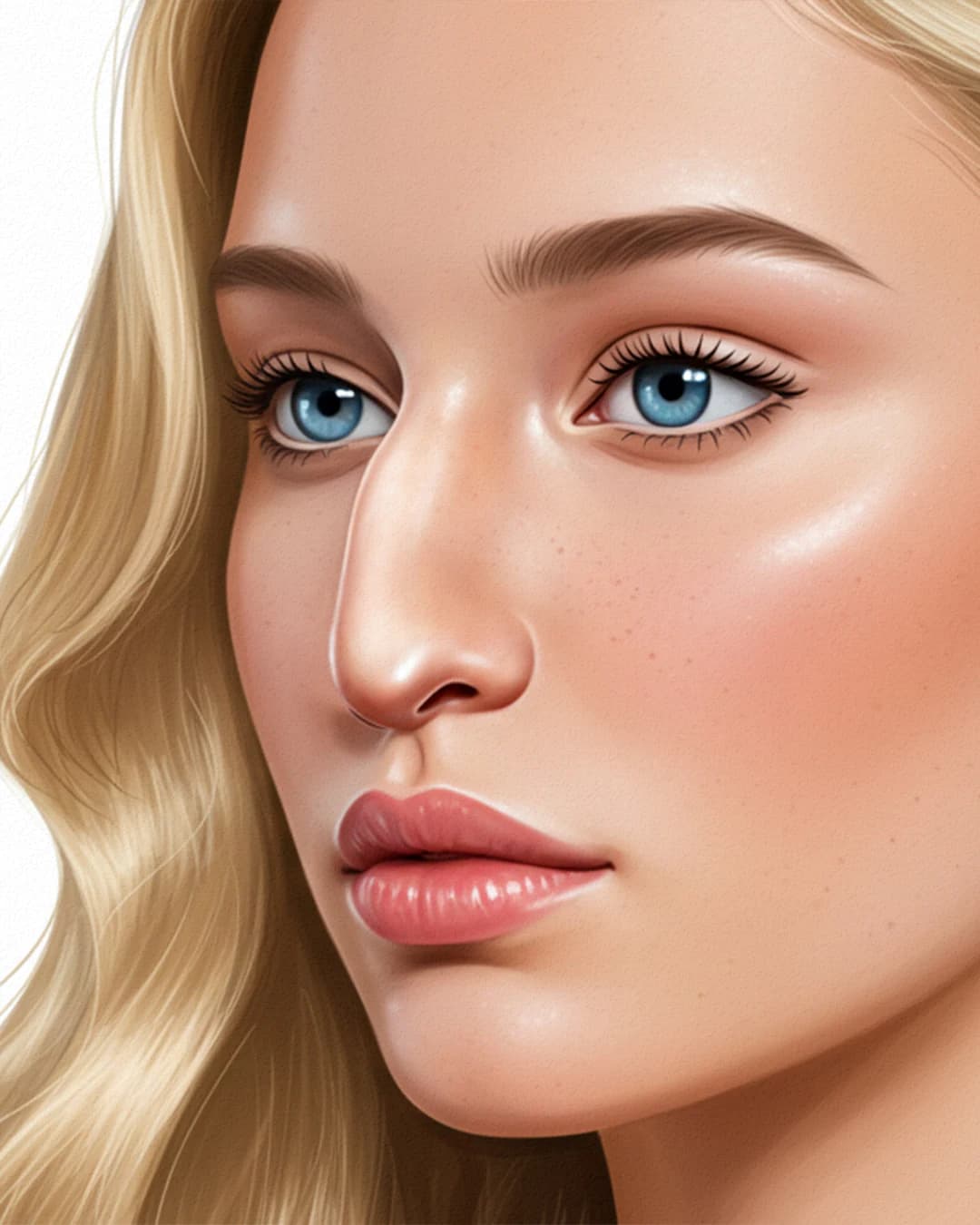 Medical illustration of a refined nasal contour in a frontal facial view
