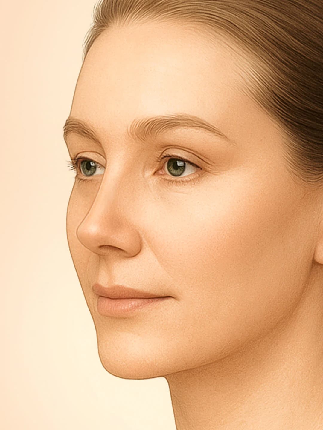 Medical illustration of a three-quarter facial view showing natural nasal proportions