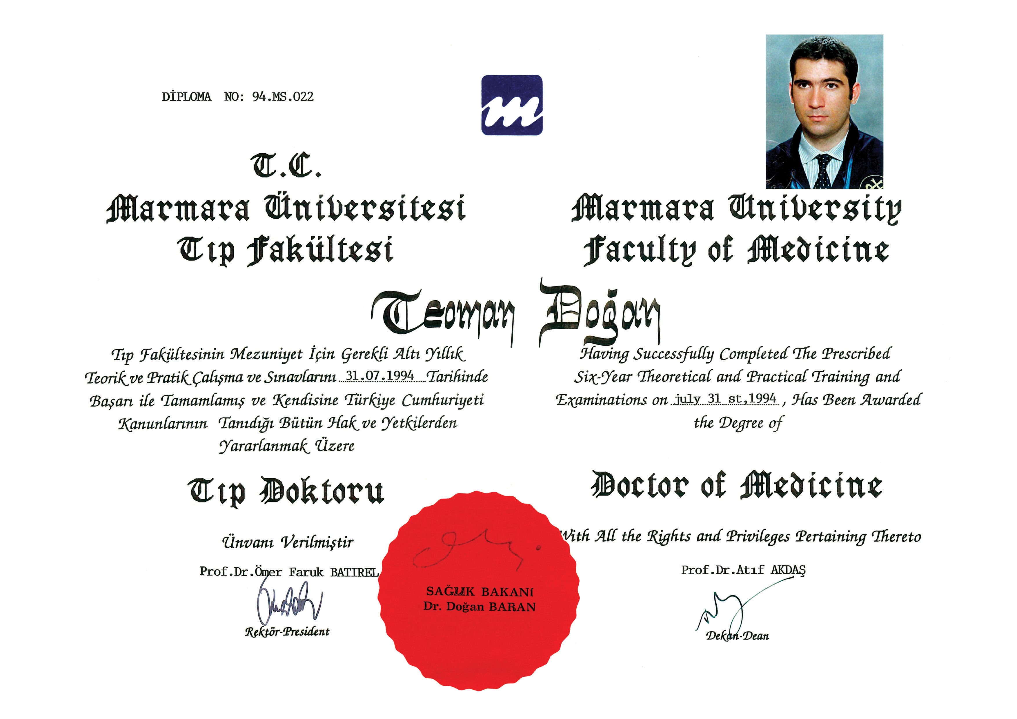 Marmara University Medical School Diploma