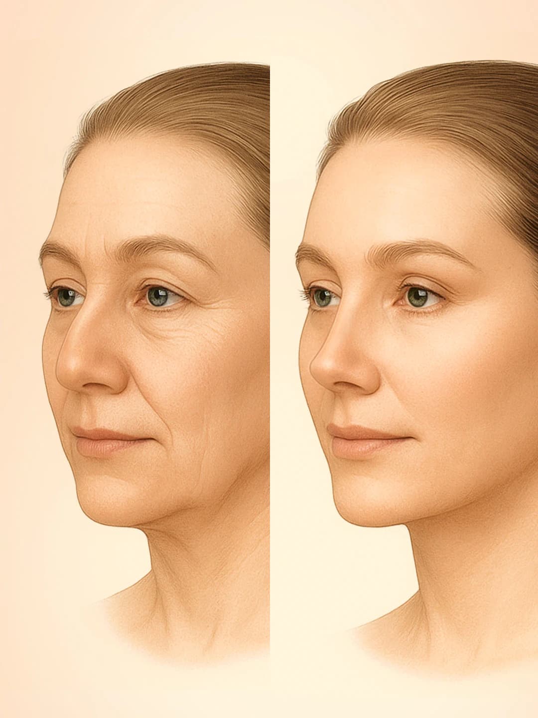 Medical illustration comparing midface and jawline contours before and after facial rejuvenation