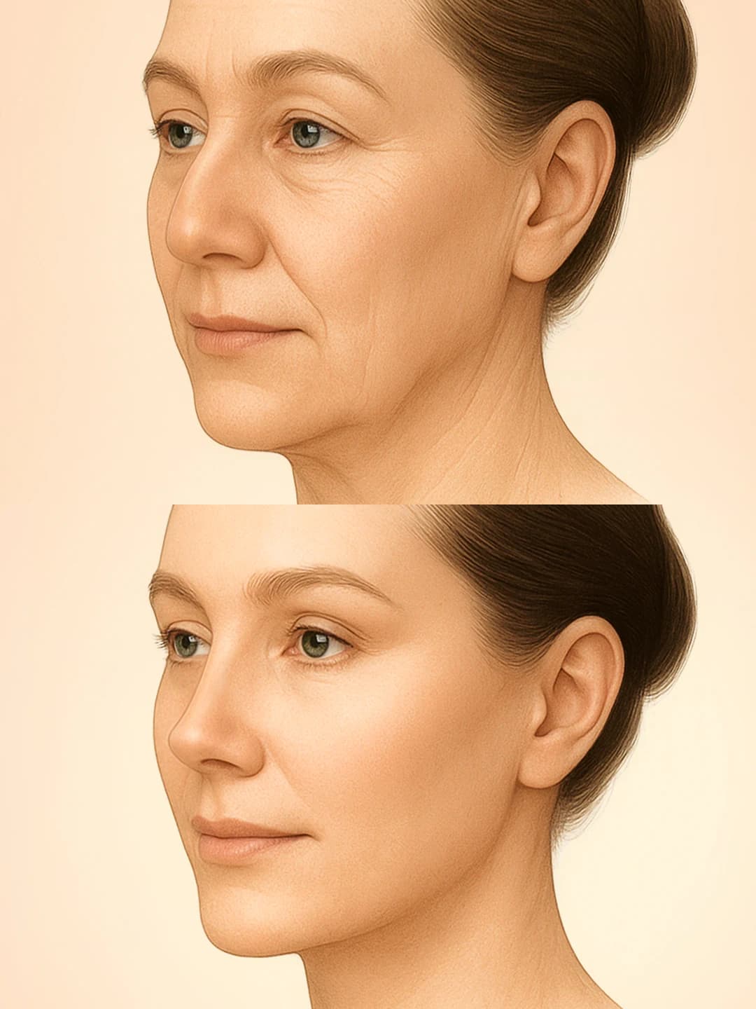 Illustration comparing facial tissue layers repositioned in deep plane and SMAS facelift techniques